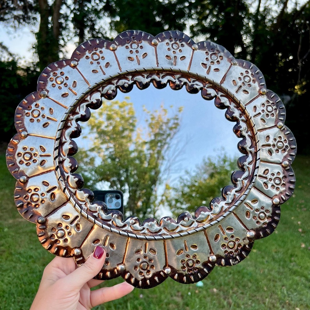 Vintage Handmade Punched Tin Floral Orante Mexican Mirror